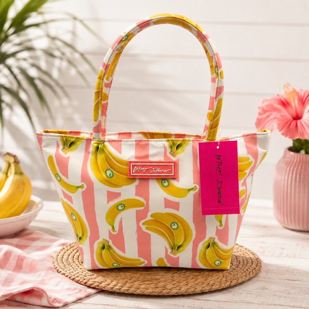 *New* Betsey Johnson Pink and Yellow Stripped Banana Insulated Lunch Tote